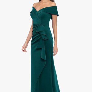 Xscape Womens Long Off Shoulder Sweetheart Neck Side Ruffle Gown Size 8